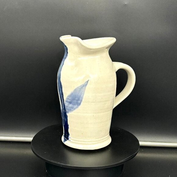 Vintage Pottery Hand Turned Salt Glaze Blue Leaf Pitcher Vase 7.5" - Picture 4 of 12